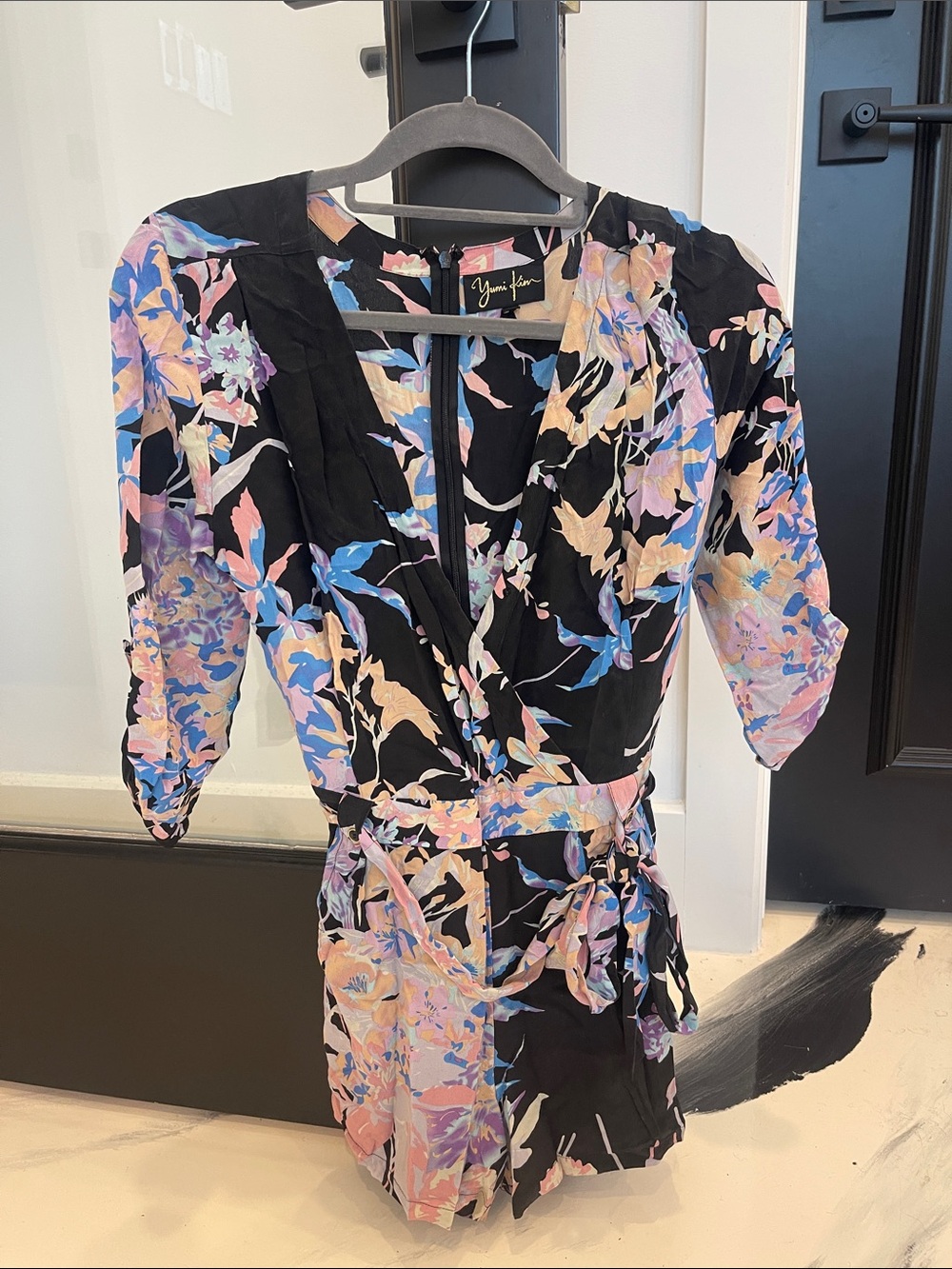 Yumi Kim Black Floral Wrap Romper Pastel Print